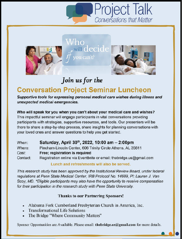 The Bridge Invites You To Join Us For The Conversation Project Luncheon & Seminar On Advanced Care Directives!
